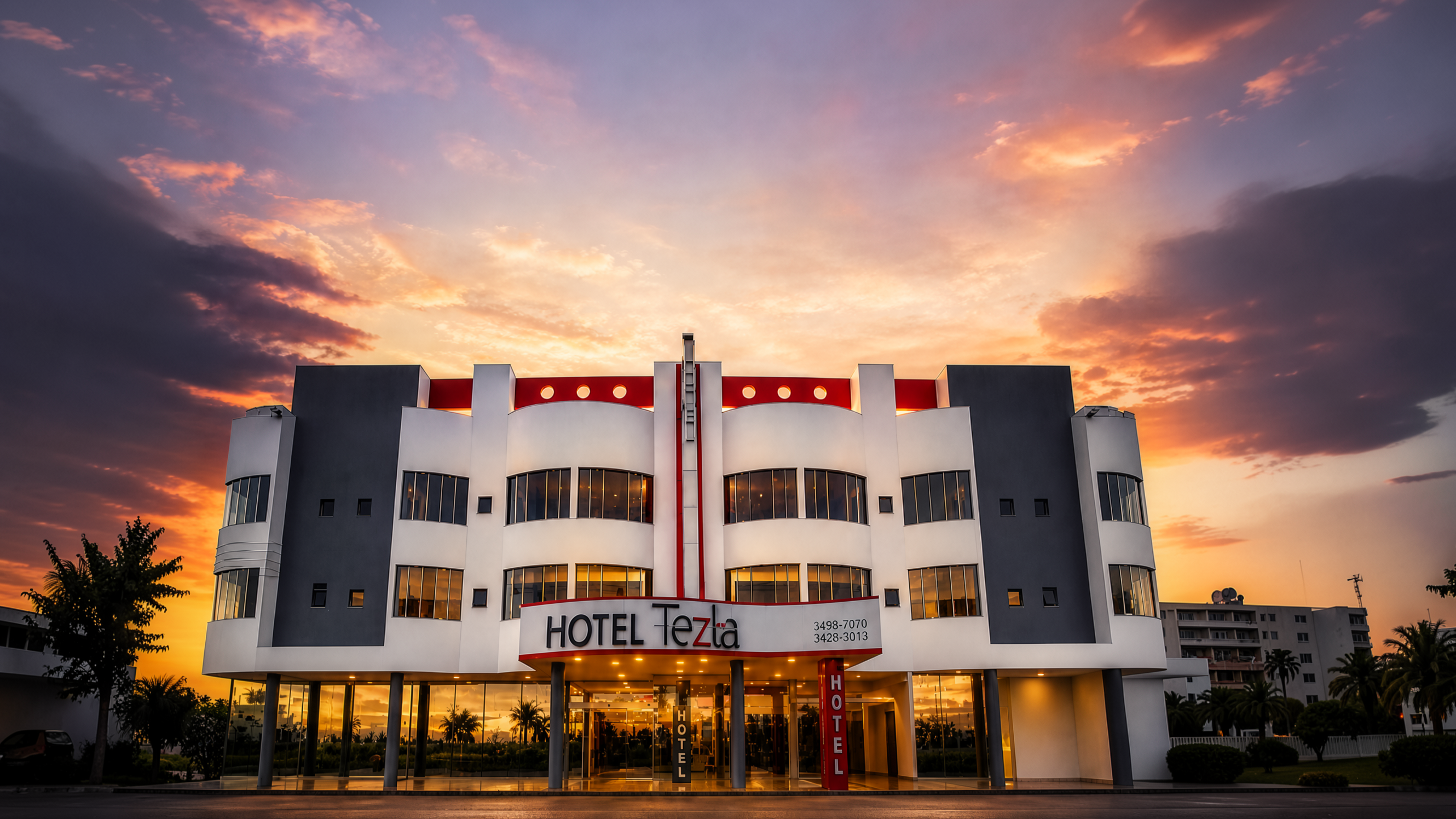 Fachada do Tezla Hotel em Primavera do Leste ao pôr do sol