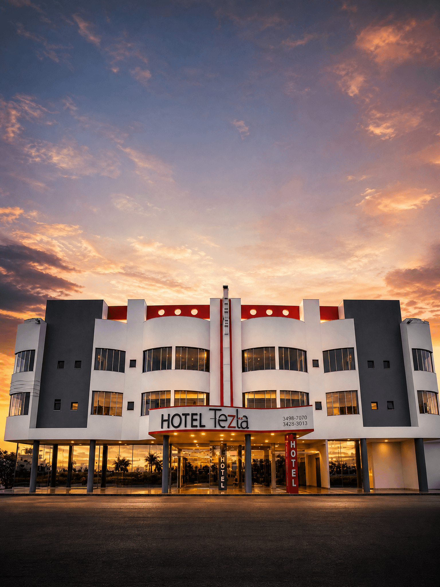 Fachada do Tezla Hotel em Primavera do Leste ao pôr do sol